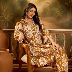 Stylum Women's Mustard Ikat Printed Cotton A-Line Kurta Pant Set (KPMUSTARDPOLLY)