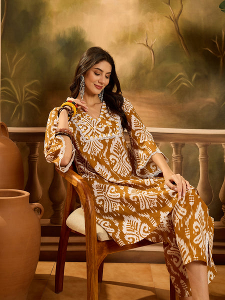 Stylum Women's Mustard Ikat Printed Cotton A-Line Kurta Pant Set (KPMUSTARDPOLLY)
