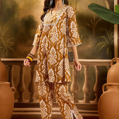 Stylum Women's Mustard Ikat Printed Cotton A-Line Kurta Pant Set (KPMUSTARDPOLLY)
