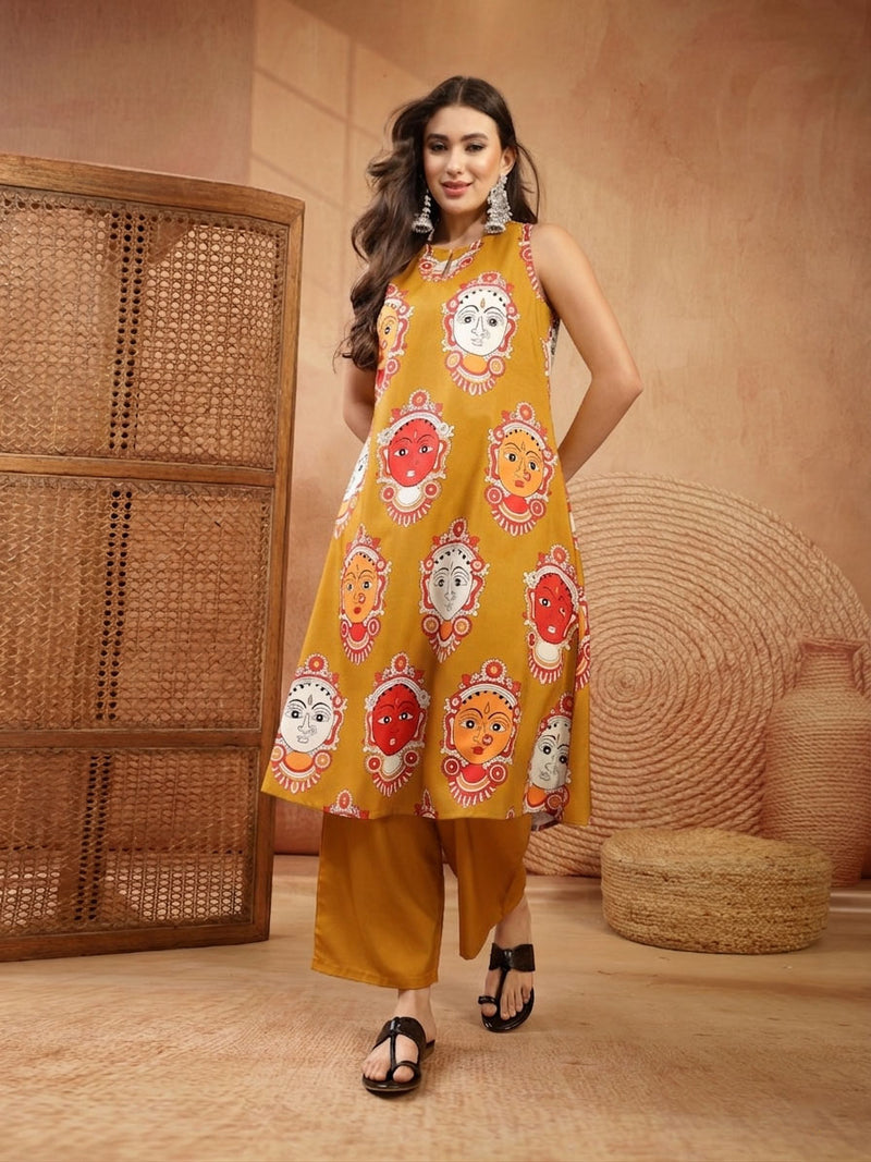 Stylum Women's Mustard Kalamkari Face Printed Rayon A-Line Kurta Palazzo Set (KPMUSTARDRANCHI)