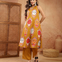Stylum Women's Mustard Kalamkari Face Printed Rayon A-Line Kurta Palazzo Set (KPMUSTARDRANCHI)