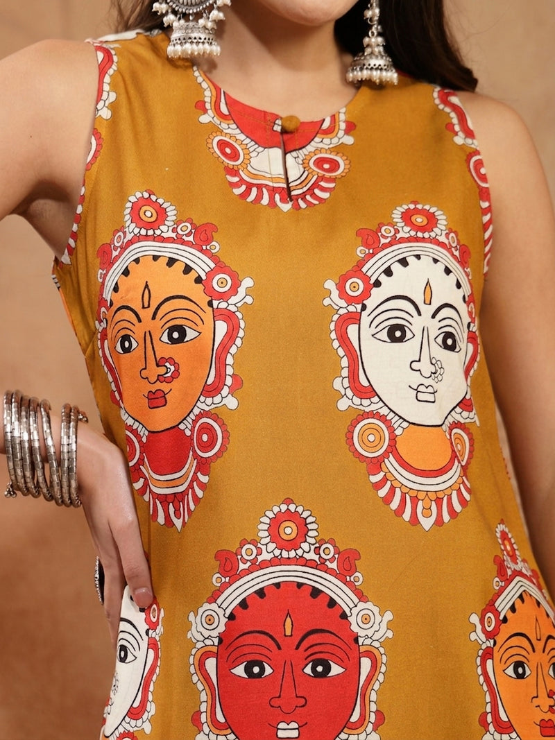 Stylum Women's Mustard Kalamkari Face Printed Rayon A-Line Kurta Palazzo Set (KPMUSTARDRANCHI)
