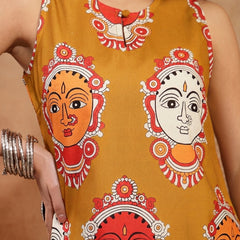 Stylum Women's Mustard Kalamkari Face Printed Rayon A-Line Kurta Palazzo Set (KPMUSTARDRANCHI)