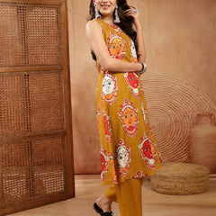 Stylum Women's Mustard Kalamkari Face Printed Rayon A-Line Kurta Palazzo Set (KPMUSTARDRANCHI)