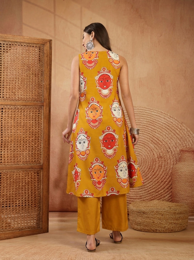 Stylum Women's Mustard Kalamkari Face Printed Rayon A-Line Kurta Palazzo Set (KPMUSTARDRANCHI)