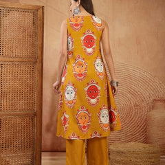 Stylum Women's Mustard Kalamkari Face Printed Rayon A-Line Kurta Palazzo Set (KPMUSTARDRANCHI)