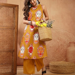 Stylum Women's Mustard Kalamkari Face Printed Rayon A-Line Kurta Palazzo Set (KPMUSTARDRANCHI)