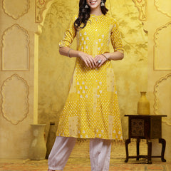 Stylum Women's Mustard Printed Rayon A-Line Kurta Pant Set (KPMUSTARDSHIRO)