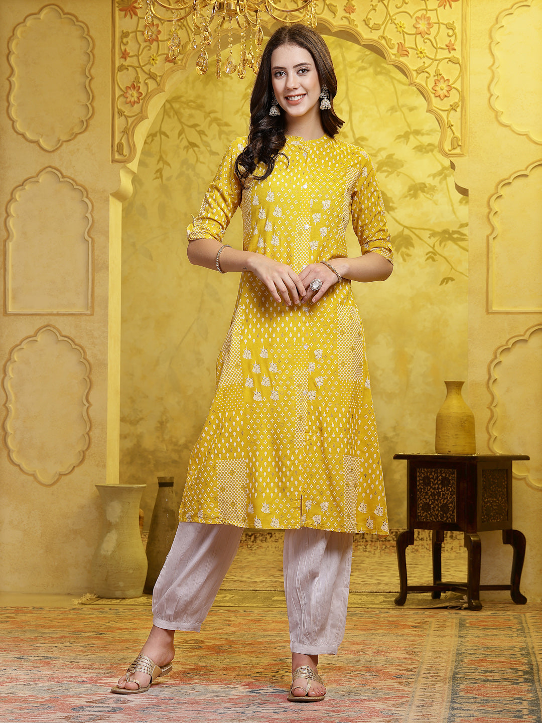 Stylum Women's Mustard Printed Rayon A-Line Kurta Pant Set (KPMUSTARDSHIRO)