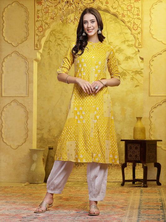 Stylum Women's Mustard Printed Rayon A-Line Kurta Pant Set (KPMUSTARDSHIRO)