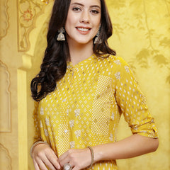 Stylum Women's Mustard Printed Rayon A-Line Kurta Pant Set (KPMUSTARDSHIRO)