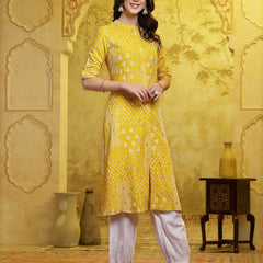 Stylum Women's Mustard Printed Rayon A-Line Kurta Pant Set (KPMUSTARDSHIRO)