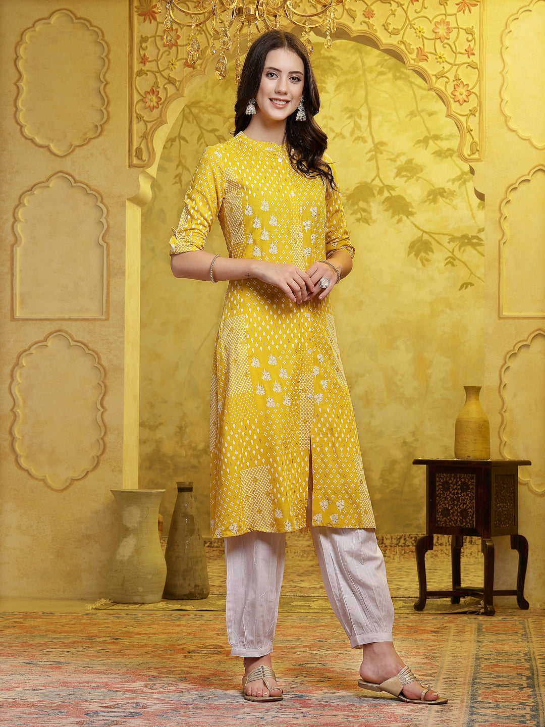 Stylum Women's Mustard Printed Rayon A-Line Kurta Pant Set (KPMUSTARDSHIRO)