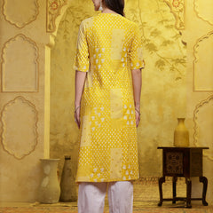 Stylum Women's Mustard Printed Rayon A-Line Kurta Pant Set (KPMUSTARDSHIRO)