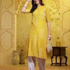 Stylum Women's Mustard Printed Rayon A-Line Kurta Pant Set (KPMUSTARDSHIRO)