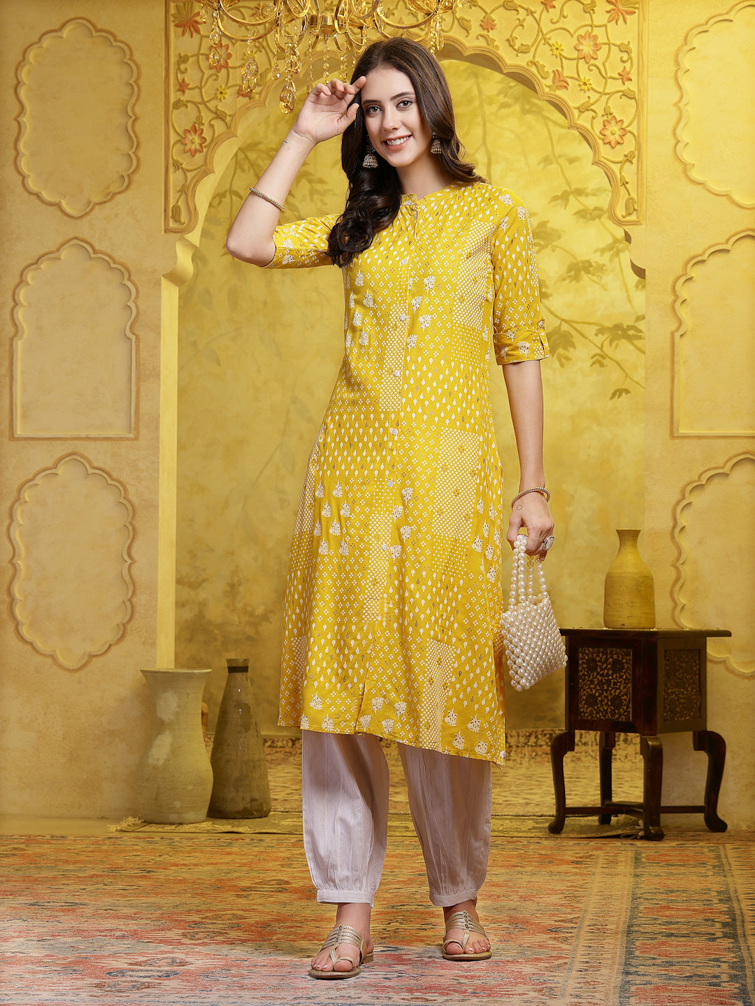 Stylum Women's Mustard Printed Rayon A-Line Kurta Pant Set (KPMUSTARDSHIRO)