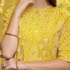 Stylum Women's Mustard Printed Rayon A-Line Kurta Pant Set (KPMUSTARDSHIRO)