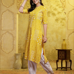 Stylum Women's Mustard Printed Rayon A-Line Kurta Pant Set (KPMUSTARDSHIRO)
