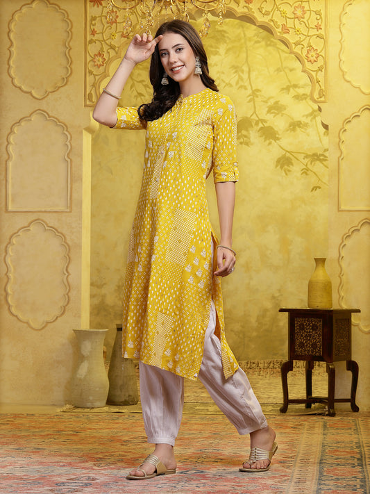 Stylum Women's Mustard Printed Rayon A-Line Kurta Pant Set (KPMUSTARDSHIRO)