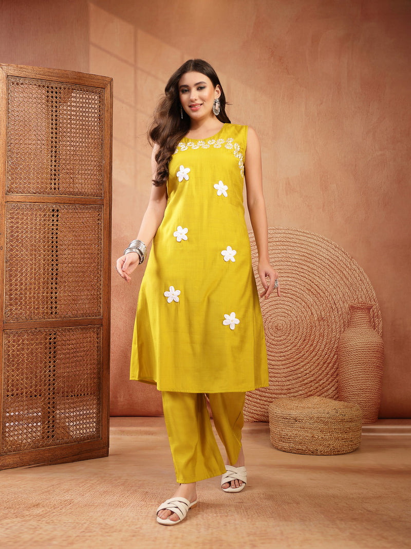 Stylum Women's Mustard Solid & Embroidered Poly Silk A-Line Kurta Pant Set (KPMUSTDHANI)