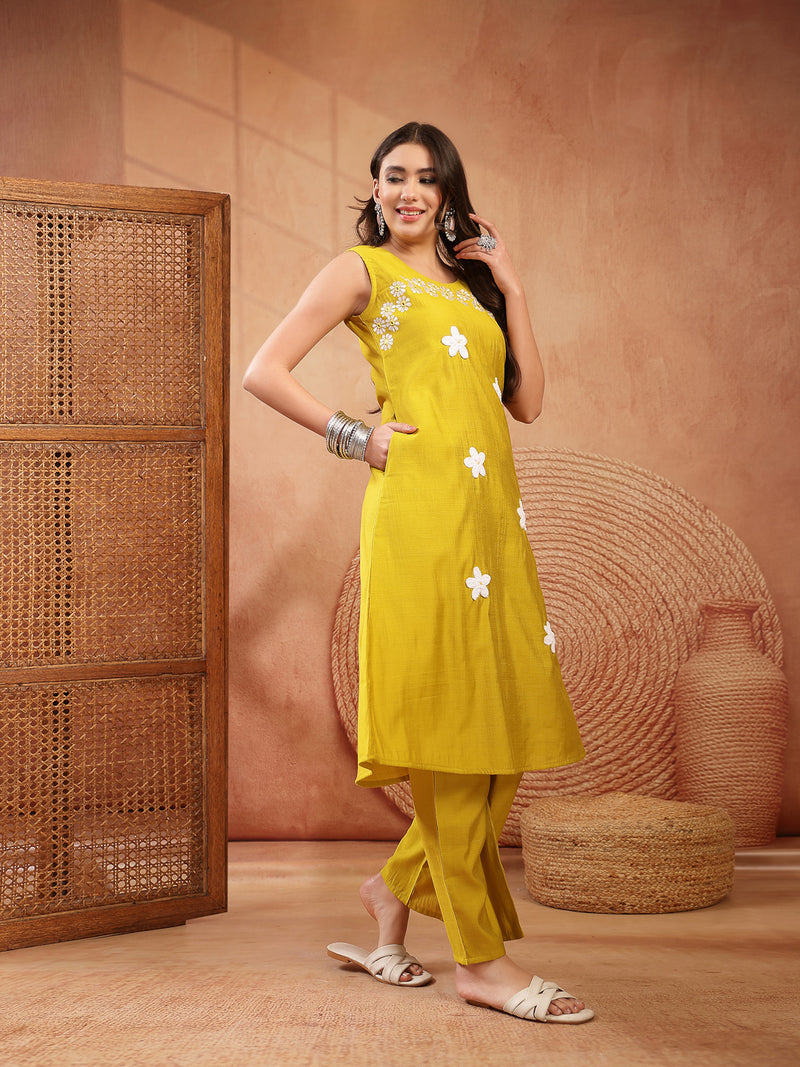 Stylum Women's Mustard Solid & Embroidered Poly Silk A-Line Kurta Pant Set (KPMUSTDHANI)