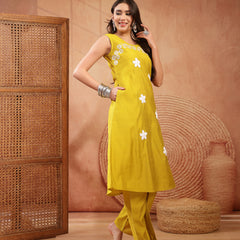 Stylum Women's Mustard Solid & Embroidered Poly Silk A-Line Kurta Pant Set (KPMUSTDHANI)