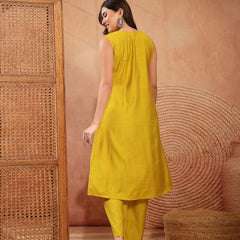 Stylum Women's Mustard Solid & Embroidered Poly Silk A-Line Kurta Pant Set (KPMUSTDHANI)