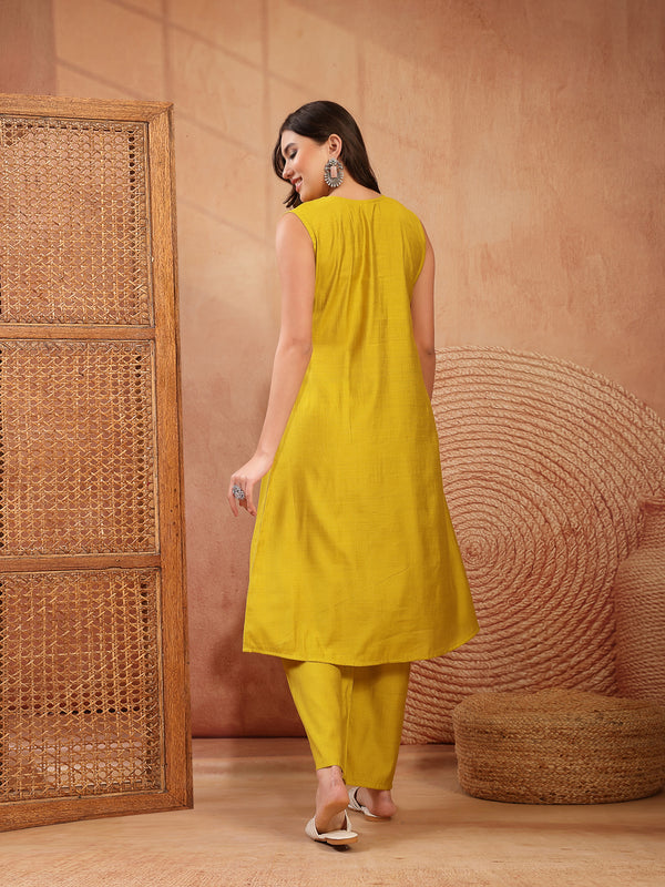 Stylum Women's Mustard Solid & Embroidered Poly Silk A-Line Kurta Pant Set (KPMUSTDHANI)