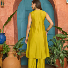 Stylum Women's Mustard Solid & Embroidered Poly Silk A-Line Kurta Pant Set (KPMUSTDHANI)