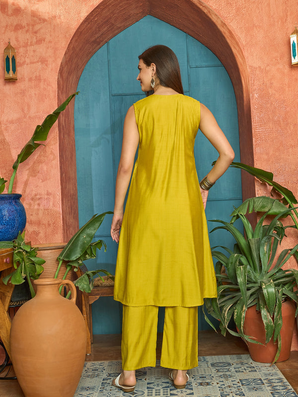 Stylum Women's Mustard Solid & Embroidered Poly Silk A-Line Kurta Pant Set (KPMUSTDHANI)