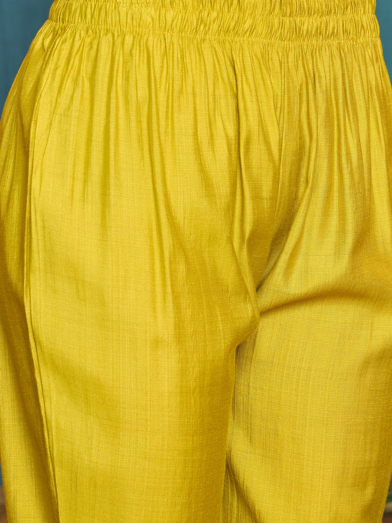 Stylum Women's Mustard Solid & Embroidered Poly Silk A-Line Kurta Pant Set (KPMUSTDHANI)