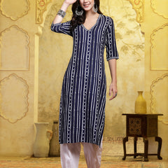 Stylum Women's Navy Blue Printed Rayon Straight Kurta Pant Set (KPNAVYROBOT)