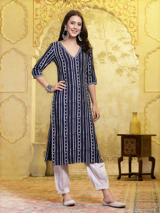 Stylum Women's Navy Blue Printed Rayon Straight Kurta Pant Set (KPNAVYROBOT)