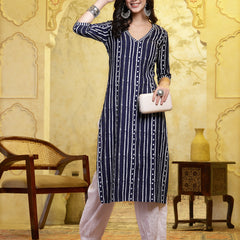 Stylum Women's Navy Blue Printed Rayon Straight Kurta Pant Set (KPNAVYROBOT)