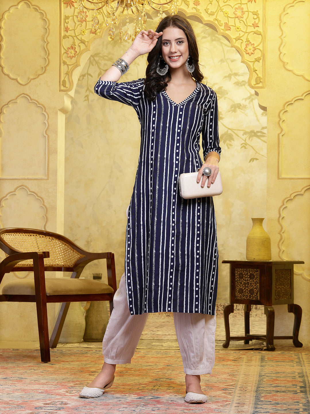 Stylum Women's Navy Blue Printed Rayon Straight Kurta Pant Set (KPNAVYROBOT)