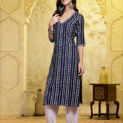 Stylum Women's Navy Blue Printed Rayon Straight Kurta Pant Set (KPNAVYROBOT)