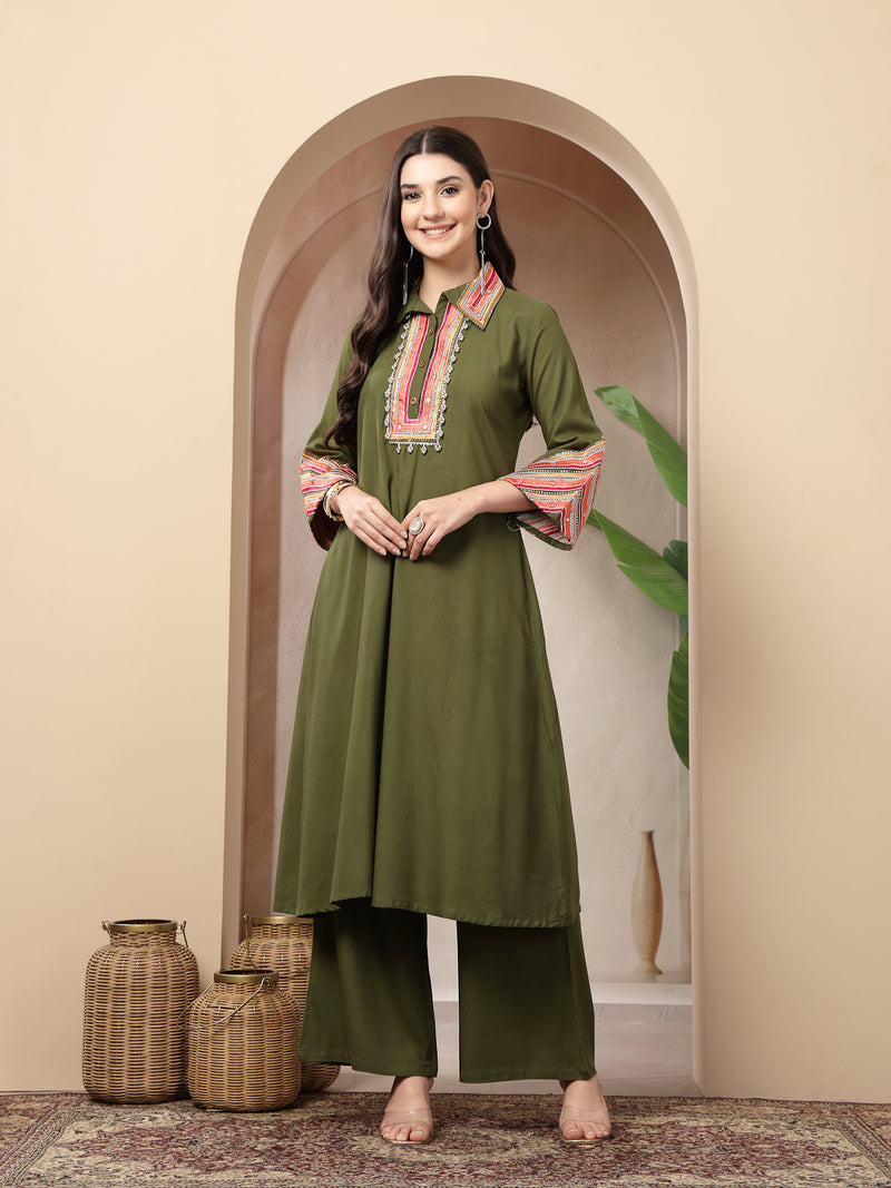 Stylum Women's Olive Solid & Embroidered Rayon A-Line Kurta Pant Set (KPOLIVEIDAL)