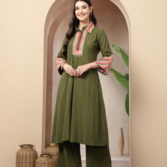 Stylum Women's Olive Solid & Embroidered Rayon A-Line Kurta Pant Set (KPOLIVEIDAL)