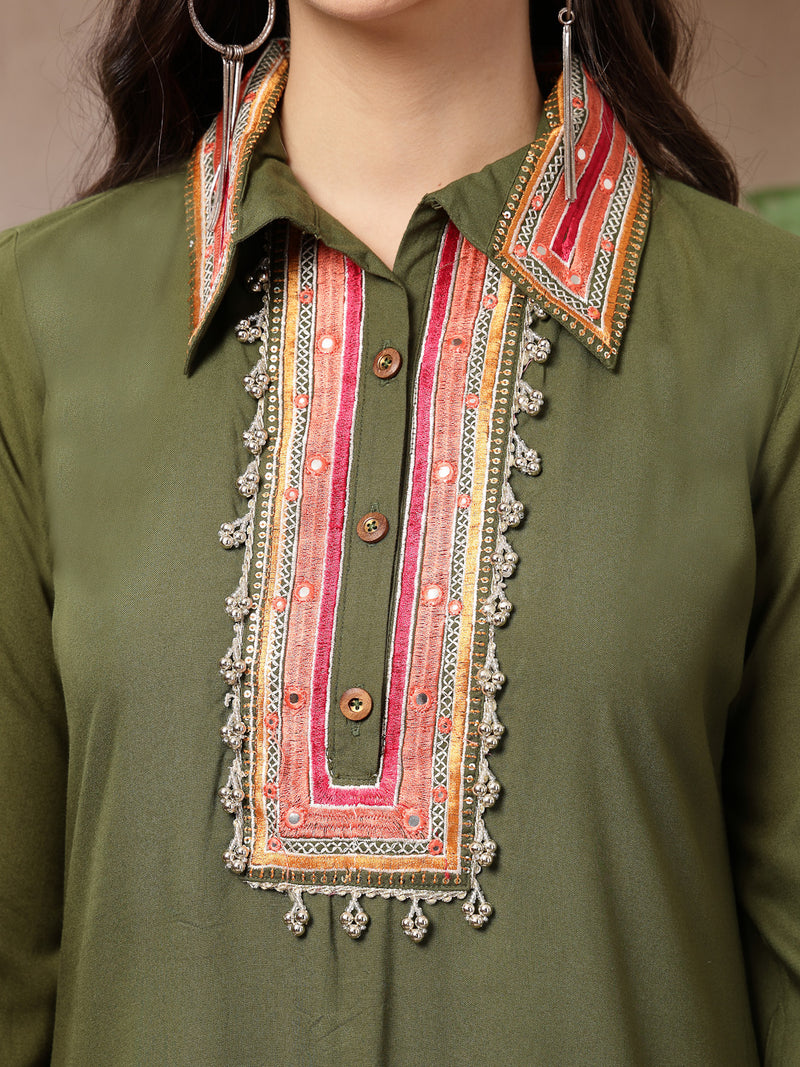 Stylum Women's Olive Solid & Embroidered Rayon A-Line Kurta Pant Set (KPOLIVEIDAL)