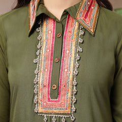 Stylum Women's Olive Solid & Embroidered Rayon A-Line Kurta Pant Set (KPOLIVEIDAL)