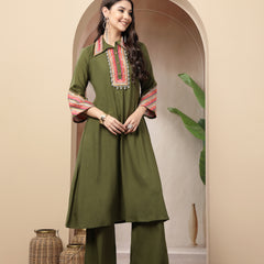 Stylum Women's Olive Solid & Embroidered Rayon A-Line Kurta Pant Set (KPOLIVEIDAL)