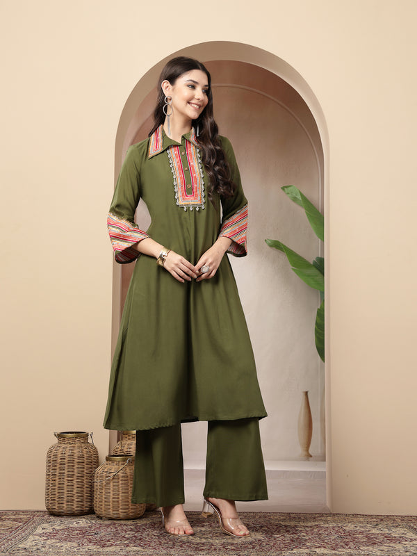 Stylum Women's Olive Solid & Embroidered Rayon A-Line Kurta Pant Set (KPOLIVEIDAL)