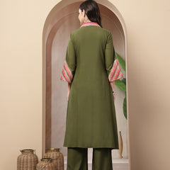 Stylum Women's Olive Solid & Embroidered Rayon A-Line Kurta Pant Set (KPOLIVEIDAL)