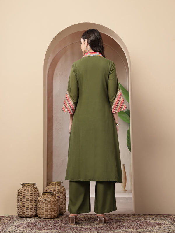 Stylum Women's Olive Solid & Embroidered Rayon A-Line Kurta Pant Set (KPOLIVEIDAL)