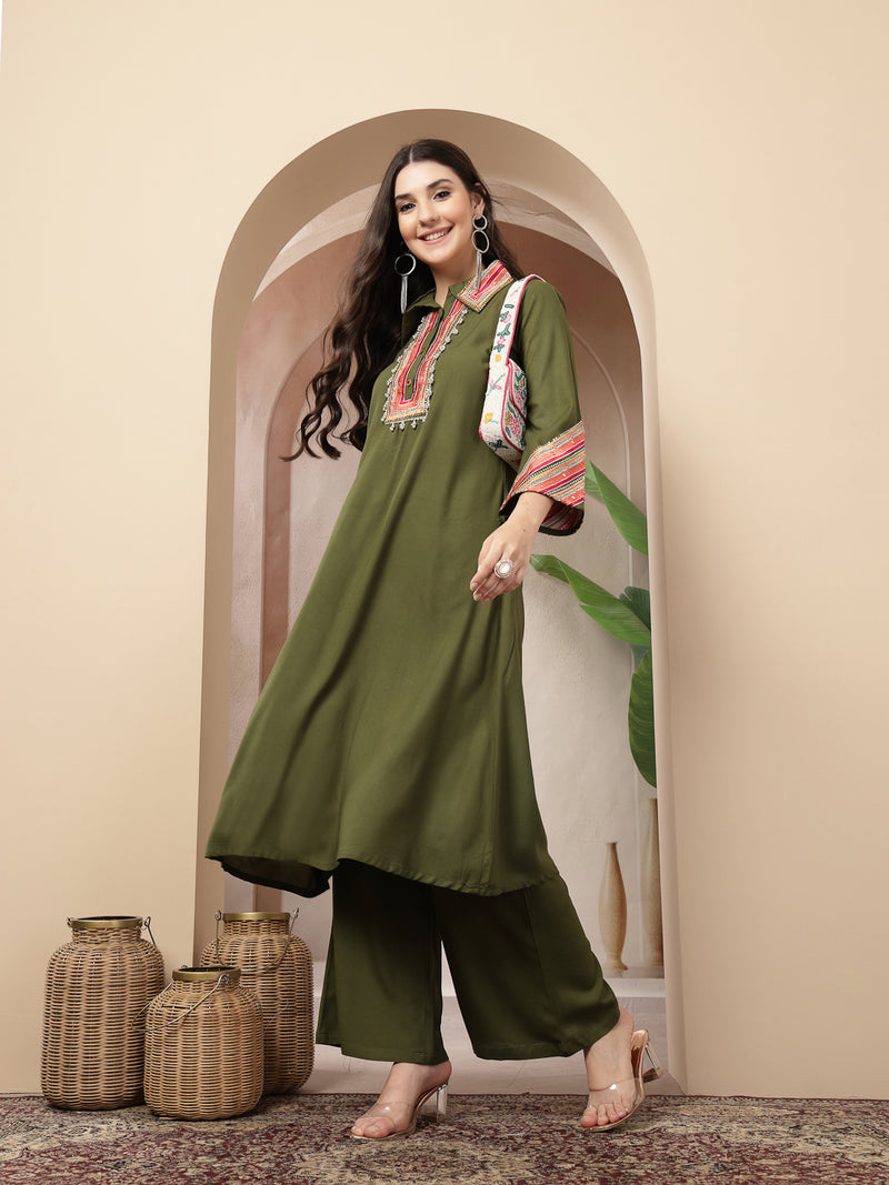 Stylum Women's Olive Solid & Embroidered Rayon A-Line Kurta Pant Set (KPOLIVEIDAL)
