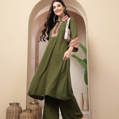 Stylum Women's Olive Solid & Embroidered Rayon A-Line Kurta Pant Set (KPOLIVEIDAL)