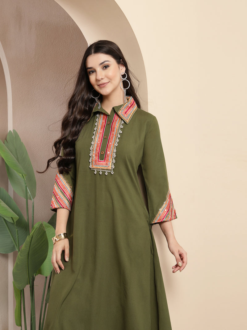Stylum Women's Olive Solid & Embroidered Rayon A-Line Kurta Pant Set (KPOLIVEIDAL)
