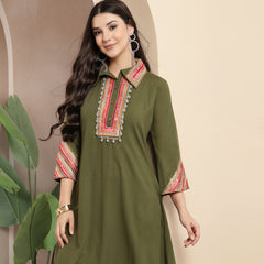 Stylum Women's Olive Solid & Embroidered Rayon A-Line Kurta Pant Set (KPOLIVEIDAL)