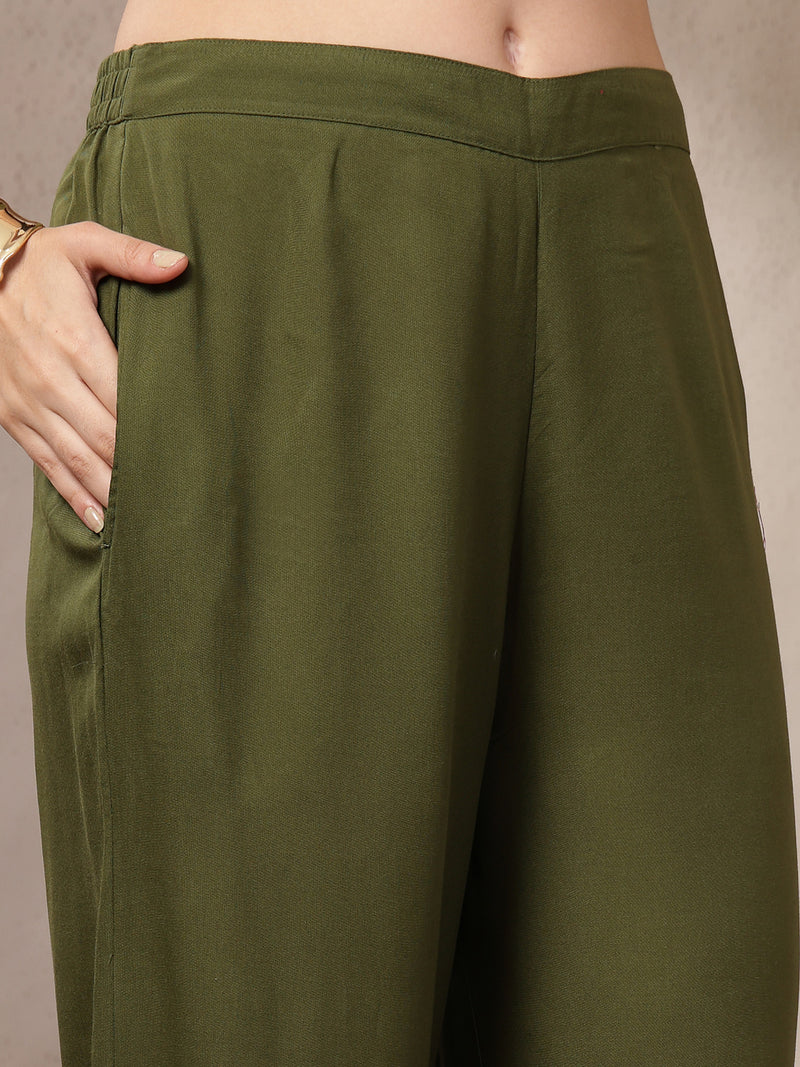 Stylum Women's Olive Solid & Embroidered Rayon A-Line Kurta Pant Set (KPOLIVEIDAL)
