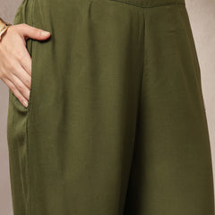 Stylum Women's Olive Solid & Embroidered Rayon A-Line Kurta Pant Set (KPOLIVEIDAL)
